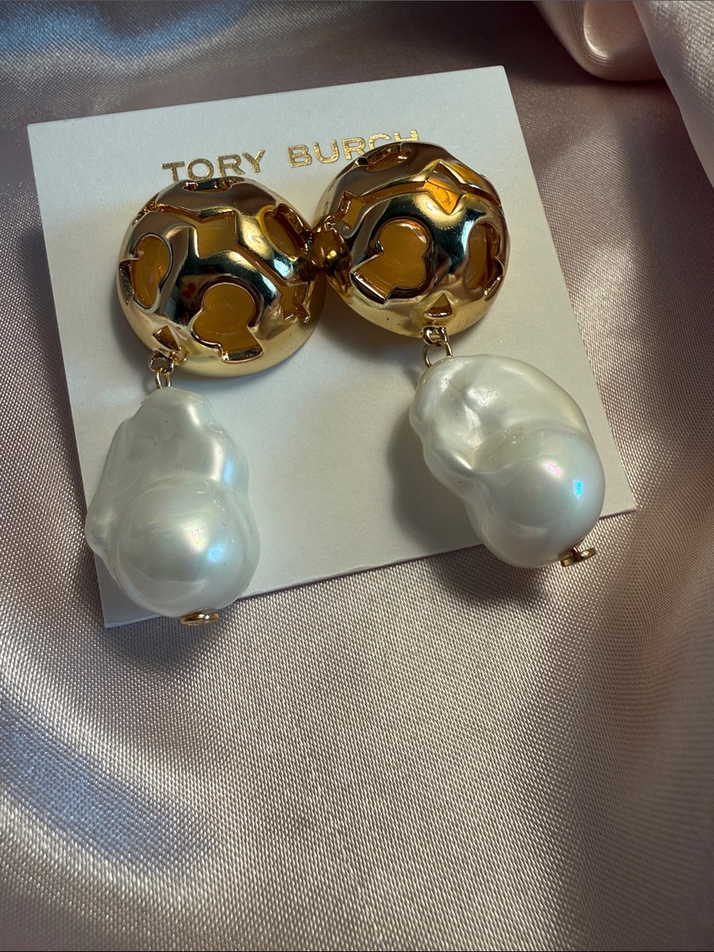 Tory Burch Gold Logo Drop Earrings with White Baroque Pearls